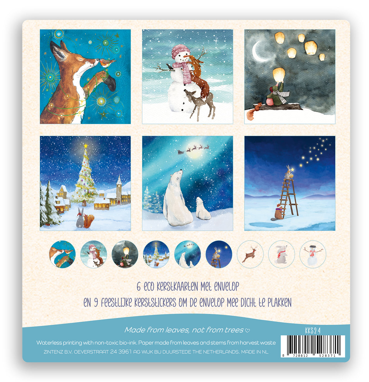 Eco kerstkaarten - 4 sets met ieder 6 kaarten + envelop